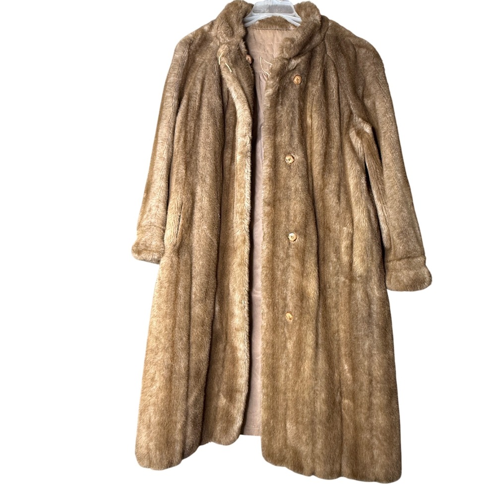 Country Pacer Tissavel France Faux Fur Coat Brown Longline Vintage Button Front